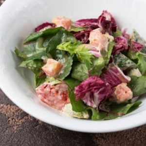 With salmon, avocado and ripe tomatoes