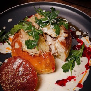 Julienne with porcini mushrooms on a bun