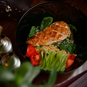 Tabbouleh with fried chicken and bulgur in sweet and sour sauce