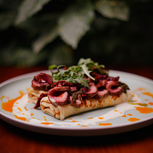 Crepes with roast beef, curd cheese and sun-dried tomatoes
