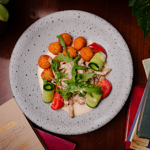 Beef stroganoff with potato croquettes