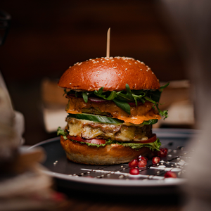 Vega burger with potato pancakes