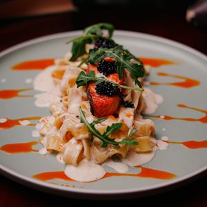 Pappardelle with salmon steak in cream sauce