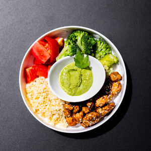 Bowl with chicken in unagi sauce